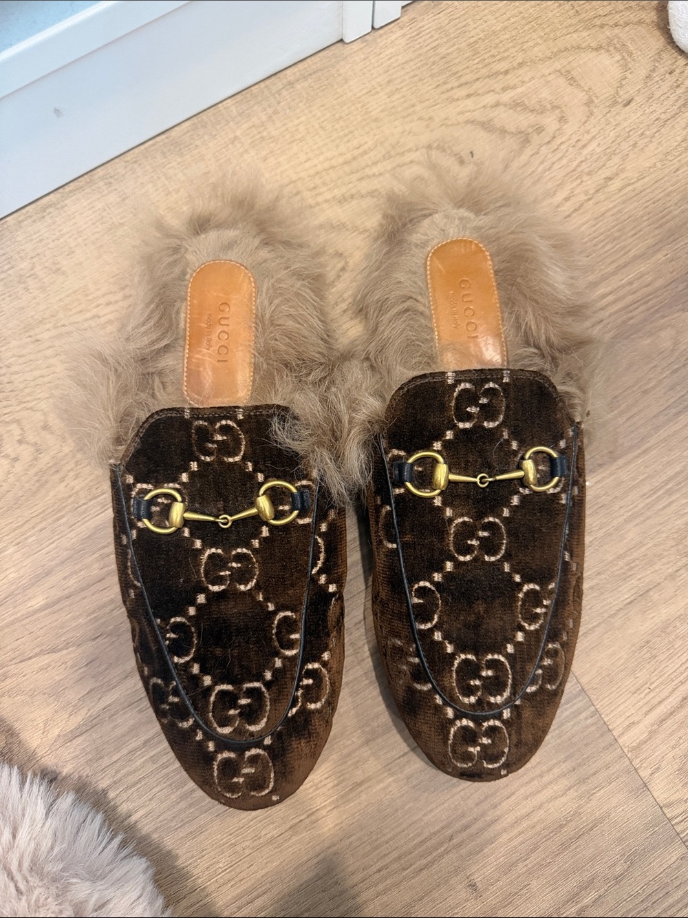 Gucci Brown GG Velvet Fur-Trim Mule Loafer